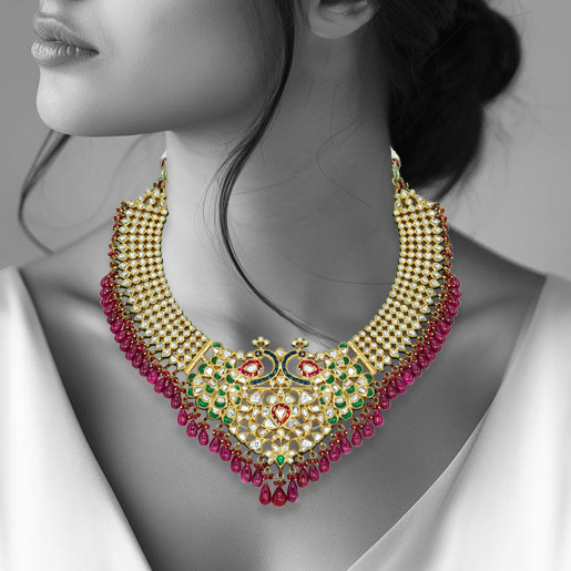 Necklace with Peacock Motifs, Polkis, and Ruby Drops